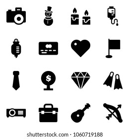 Solid vector icon set - camera vector, snowman, candle, drop counter, credit card, heart, flag, tie, money tree, diamond, flippers, projector, tool box, guitar, bow