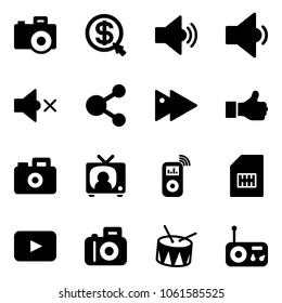 Solid vector icon set - camera vector, money click, volume medium, low, off, share, fast forward, like, tv news, music player, sim, playback, drum, radio