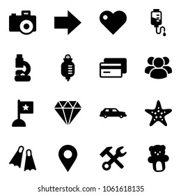 Solid vector icon set - camera vector, right arrow, heart, drop counter, lab, credit card, group, flag, diamond, limousine, starfish, flippers, navigation pin, wrench hammer, bear toy