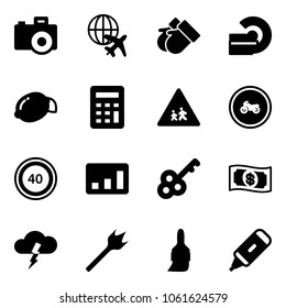 Solid vector icon set - camera vector, plane globe, gloves, mri, lemon, calculator, children road sign, no moto, speed limit 40, statistics, key, money, storm, wood drill, brush, marker