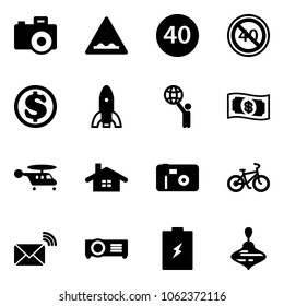 Solid vector icon set - camera vector, rough road sign, minimal speed limit, end, dollar, rocket, world, money, helicopter, home, photo, bike, wireless mail, projector, battery, wirligig toy