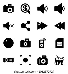 Solid vector icon set - camera vector, money click, volume medium, low, off, share, fast forward, backward, record, music player, sim, projector, button, drum