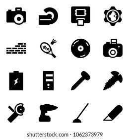 Solid vector icon set - camera vector, mri, atm, gear globe, brick wall, badminton, cd, battery, server, nail, screw, Angular grinder, drill, hoe, work knife