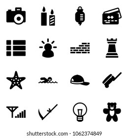 Solid vector icon set - camera vector, candle, drop counter, credit card, menu, idea, brick wall, chess tower, starfish, swimming, cap, suitcase, fine signal, scythe, bulb, bear toy