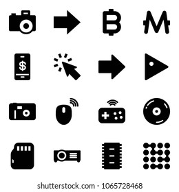 Solid vector icon set - camera vector, right arrow, bitcoin, monero, mobile payment, cursor, play, photo, mouse wireless, joystick, cd, micro flash card, projector, chip, circuit