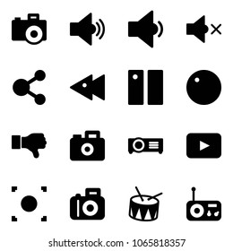Solid vector icon set - camera vector, volume medium, low, off, share, fast backward, pause, record, dislike, projector, playback, button, drum, radio