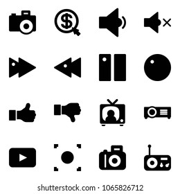 Solid vector icon set - camera vector, money click, low volume, off, fast forward, backward, pause, record, like, dislike, tv news, projector, playback, button, radio