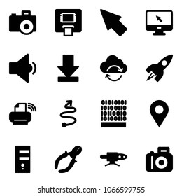 Solid vector icon set - camera vector, atm, cursor, monitor, low volume, download, refresh cloud, rocket, printer wireless, trip, binary code, navigation pin, server, side cutters, pipe welding