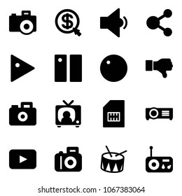 Solid vector icon set - camera vector, money click, low volume, share, play, pause, record, dislike, tv news, sim, projector, playback, drum, radio