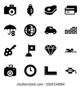 Solid vector icon set - camera vector, drop counter, meat, credit card, insurance, globe, car, brick wall, key, flag, diamond, swimming, clock, corner ruler, jack