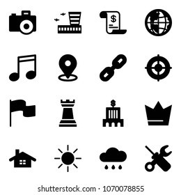 Solid vector icon set - camera vector, airport building, account history, globe, music, map pin, link, target, flag, chess tower, bank, crown, home, sun, rain cloud, wrench screwdriver