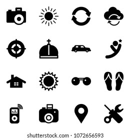 Solid vector icon set - camera vector, sun, exchange, refresh cloud, target, crown, limousine, flying man, home, sunglasses, flip flops, music player, navigation pin, wrench screwdriver