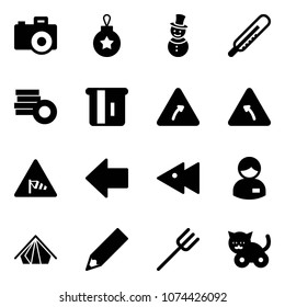 Solid vector icon set - camera vector, christmas ball, snowman, thermometer, coin, atm, turn right road sign, left, side wind, arrow, fast backward, manager, tent, pencil, farm fork, toy cat