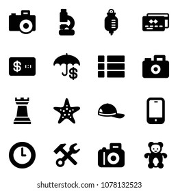 Solid vector icon set - camera vector, lab, drop counter, credit card, insurance, menu, chess tower, starfish, cap, mobile phone, clock, wrench hammer, bear toy