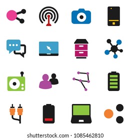 solid vector icon set - vector, camera, radio, antenna, mobile phone, dialog, notebook pc, social media, group, battery, rca, network, share