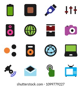 solid vector icon set - camera vector, satellitie, settings, internet, touchscreen, notebook pc, speaker, battery, mail, stop button, hdmi, share, tv