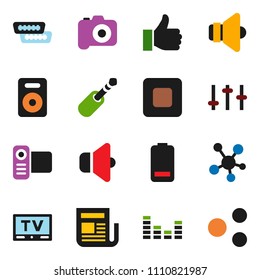solid vector icon set - camera vector, newspaper, speaker, settings, equalizer, tv, video, social media, finger up, battery, stop button, hdmi, jack, share