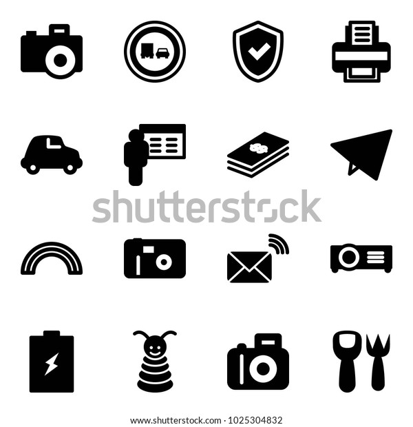 Solid vector icon set - camera vector, no truck\
overtake road sign, shield check, printer, car, presentation,\
dollar, paper fly, rainbow, photo, wireless mail, projector,\
battery, pyramid toy