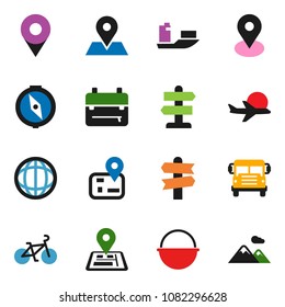 solid vector icon set - camping cauldron vector, backpack, compass, school bus, world, bike, signpost, navigator, map pin, plane, ship, mountain
