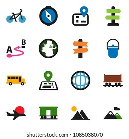 solid vector icon set - camping cauldron vector, compass, school bus, world, bike, signpost, navigator, earth, Railway carriage, plane, route, mountain
