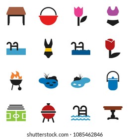 solid vector icon set - camping cauldron vector, bbq, stadium, swimsuite, pool, tulip, pond, table