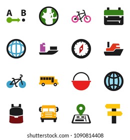solid vector icon set - camping cauldron vector, backpack, compass, school bus, world, bike, navigator, ship, route, globe, signpost