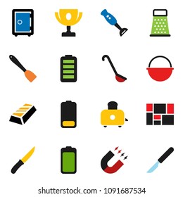 solid vector icon set - camping cauldron vector, spatula, ladle, knife, grater, toaster, blender, award cup, magnet, gold ingot, safe, consolidated cargo, battery, scalpel