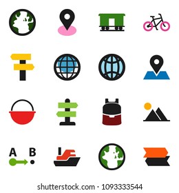 solid vector icon set - camping cauldron vector, backpack, world, bike, signpost, earth, map pin, ship, route, Railway carriage, globe, mountain