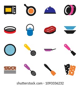 solid vector icon set - camping cauldron vector, pan, skimmer, spatula, microwave oven, plates, sieve, dish, steak, breads