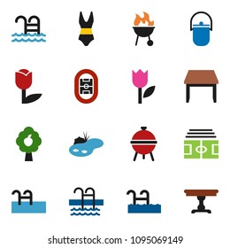 solid vector icon set - camping cauldron vector, bbq, stadium, swimsuite, pool, tulip, pond, fruit tree, table