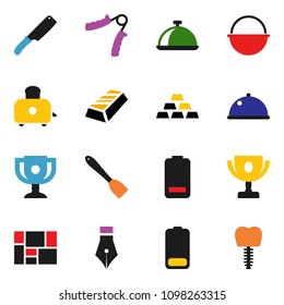 solid vector icon set - camping cauldron vector, spatula, knife, toaster, dish, pen, award cup, gold ingot, hand trainer, consolidated cargo, battery, tooth implant