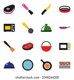 solid vector icon set - camping cauldron vector, pan, skimmer, spatula, knife, microwave oven, sieve, dish, steak, breads