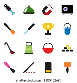 solid vector icon set - camping cauldron vector, spatula, ladle, grater, blender, dish, award cup, magnet, safe, gold ingot, battery, scalpel, tooth implant