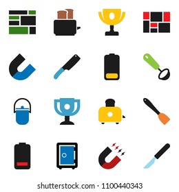 solid vector icon set - camping cauldron vector, spatula, ladle, knife, toaster, award cup, magnet, safe, consolidated cargo, battery, scalpel