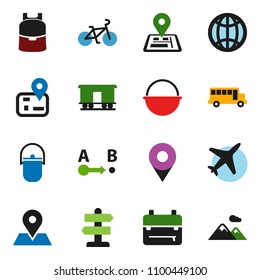 solid vector icon set - camping cauldron vector, backpack, school bus, bike, signpost, navigator, map pin, plane, route, Railway carriage, globe, mountain