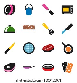solid vector icon set - camping cauldron vector, pan, skimmer, spatula, knife, microwave oven, plates, sieve, dish, steak, breads