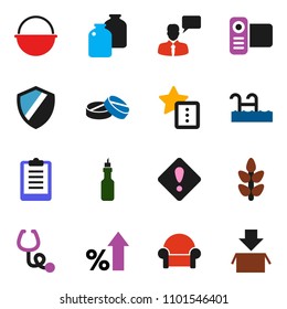 solid vector icon set - camping cauldron vector, jar, oil, percent growth, clipboard, cereals, video camera, speaking man, stethoscope, pills, shield, favorites, attention sign, pool, package