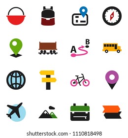 solid vector icon set - camping cauldron vector, backpack, compass, school bus, bike, navigator, Railway carriage, plane, route, globe, pin, mountain, signpost