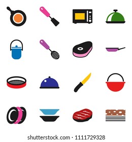 solid vector icon set - camping cauldron vector, pan, skimmer, spatula, knife, microwave oven, plates, sieve, dish, steak, breads