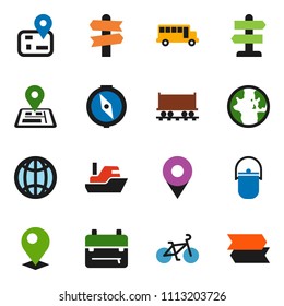 solid vector icon set - camping cauldron vector, backpack, compass, school bus, world, bike, signpost, navigator, Railway carriage, ship, globe, pin
