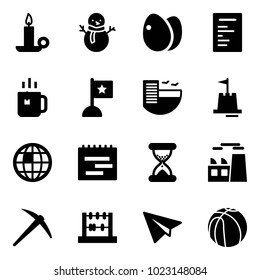 Solid Vector Icon Set - Candle Vector, Snowman, Eggs, Document, Green Tea, Flag, Hotel, Sand Castle, Globe, Terms Plan, Clock, Plant, Axe, Abacus, Paper Plane, Basketball