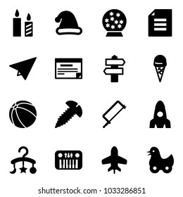 Solid vector icon set - candle vector, christmas hat, snowball, document, paper plane, schedule, signpost, ice cream, ball, screw, metal hacksaw, rocket, baby carousel, toy piano, duck