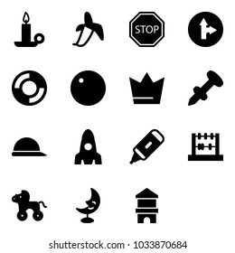 Solid vector icon set - candle vector, banana, stop road sign, only forward right, lifebuoy, record, crown, nail dowel, construction helmet, rocket, marker, abacus, wheel horse, moon lamp