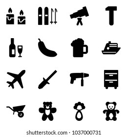 Solid vector icon set - candle vector, ski, telescope, work, wine, banana, beer, cruiser, plane, clinch, drill machine, tool cabinet, wheelbarrow, bear toy, beanbag