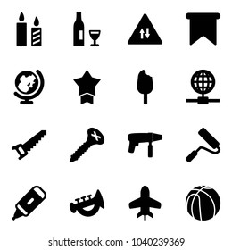 Solid vector icon set - candle vector, wine, oncoming traffic road sign, flag, globe, star medal, ice cream, saw, screw, drill machine, paint roller, marker, horn toy, plane, basketball