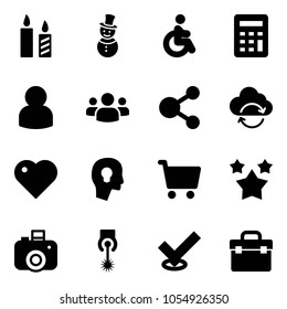 Solid vector icon set - candle vector, snowman, disabled, calculator, user, group, share, refresh cloud, heart, head bulb, cart, stars, camera, laser, check, tool box