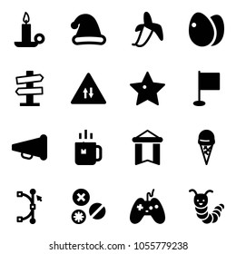Solid vector icon set - candle vector, christmas hat, banana, eggs, road signpost sign, oncoming traffic, star, flag, speaker horn, green tea, pennant, ice cream, bezier, rivet, joystick