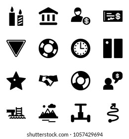 Solid vector icon set - candle vector, bank, account, check, giving way road sign, lifebuoy, time, pause, star, agreement, circle chart, money dialog, pool, mountains, gyroscope, trip