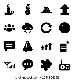 Solid vector icon set - candle vector, snowman, cake, uplooad, group, refresh cloud, reload, record, chat, bell, arrows up, server wireless, fine signal, puzzle, radio