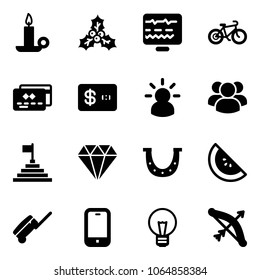 Solid vector icon set - candle vector, holly, diagnostic monitor, bike, credit card, idea, group, pyramid flag, diamond, luck, watermelone, suitcase, mobile phone, bulb, bow